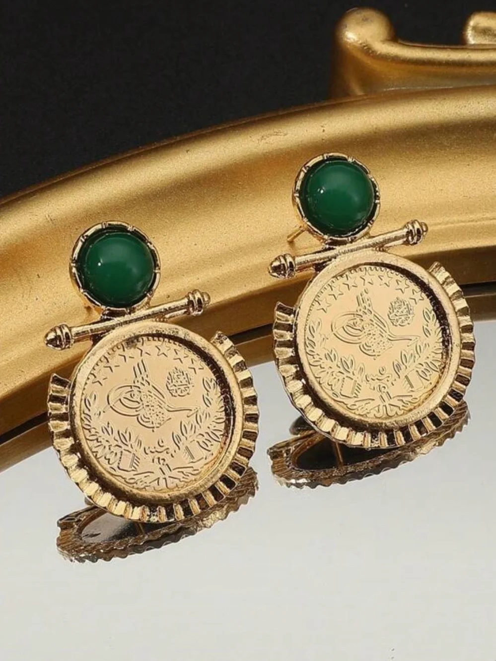 Gold Coin Drop Earrings with Green Cabochon